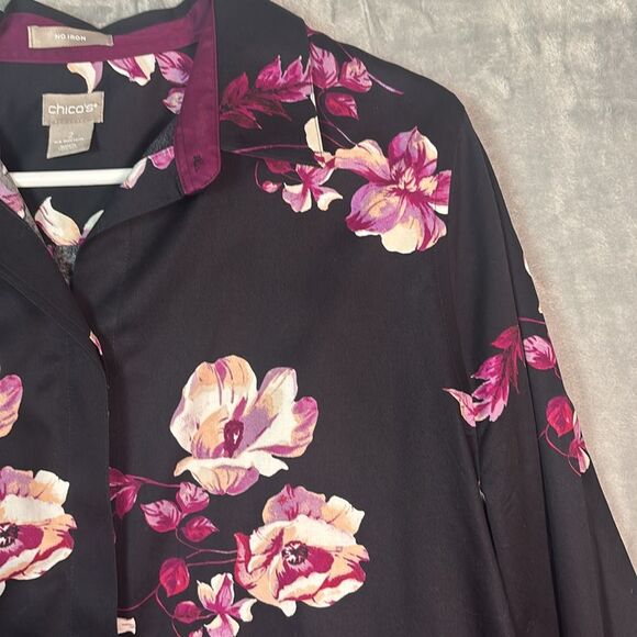 Chico’s Black Purple Floral Button Front Top Long Sleeve Blouse Size 2 - Picture 3 of 8